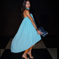 Unique A Line Strapless Blue Chiffon Short Long Prom Dress Evening Dress SH2290