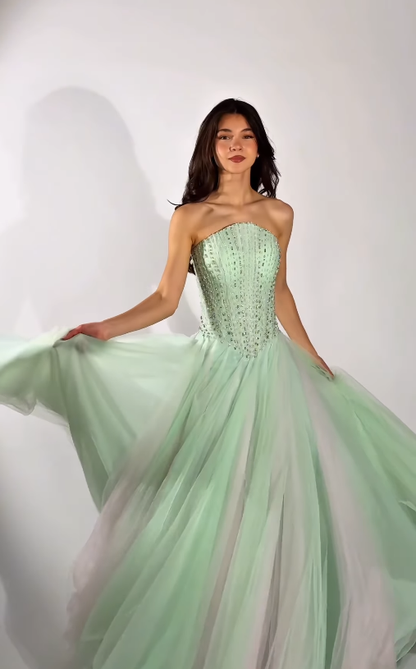 Fairy Green A Line Strapless Exquisite Beaded Tulle Prom Dress Evening Dress SH6753