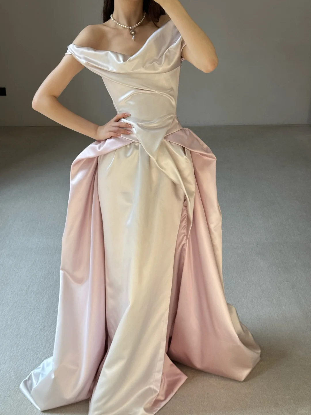 Unique Pink White Ombre A Line Off the Shoulder Pleated Satin Long Wedding Dress SH5152