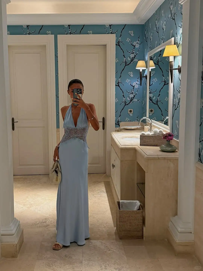 Open Back Elegant Blue Sheath Halter Lace Satin Long Prom Dress Outfits SH4977