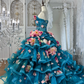 Vintage Blue Ball Gown Strapless 3D Floral Layered Tulle Prom Dress Sweet 16 Dress SH5783