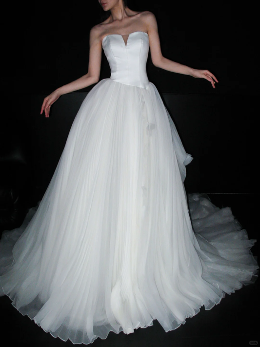 Pretty Romantic Ball Gown Strapless White Satin Tulle Long Train Wedding Dress SH6619