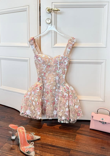 Sweety A Line Straps Embroidery Floral Apricot Tulle Short Homecoming Dress Outfits SH6234