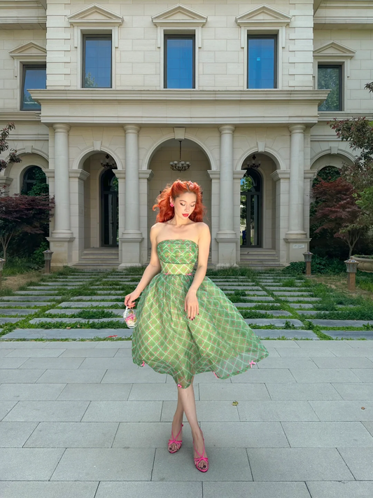 Vintage Ball Gown Strapless Green Plaid Chiffon Party Dress Homecoming Dress SH4301