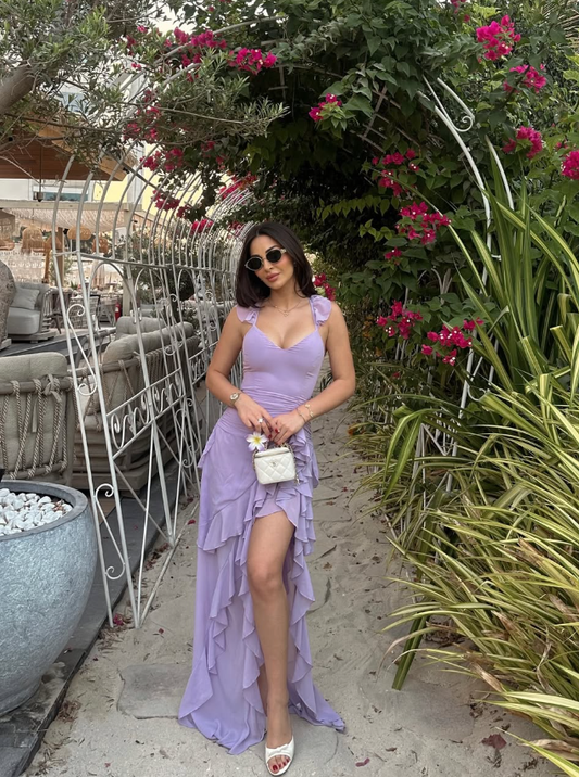 Lilac Flowy Sheath Spaghetti Strap Ruffle Chiffon Prom Dress Party Dress with Slit SH4016