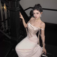 Apricot Gentle Mermaid Off the Shoulder Satin Prom Dress Evening Dress SH3762