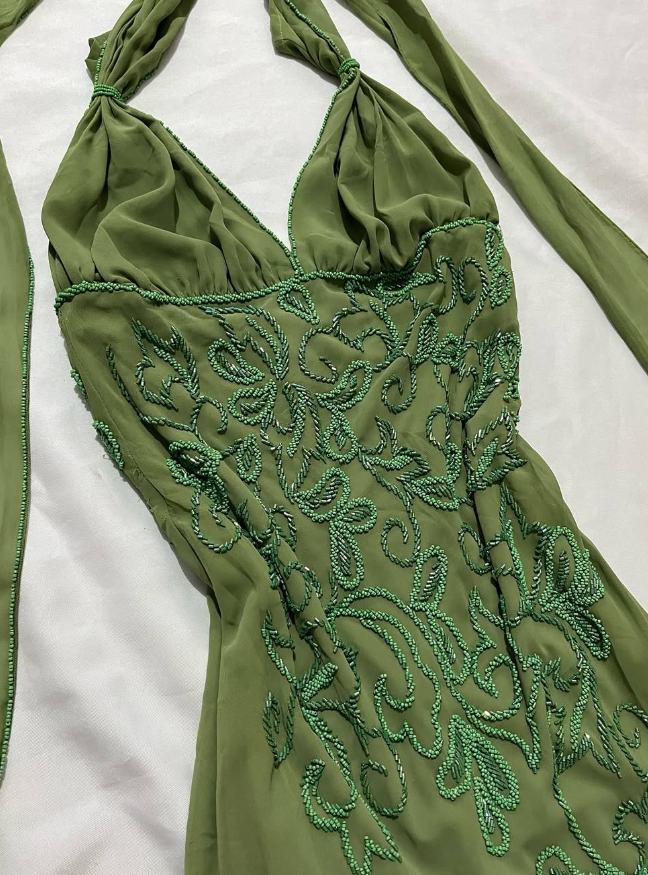 Vintage Sheath Halter Green Beaded Chiffon Open Back Evening Dress Party Dress SH2693