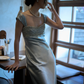 Elegant Blue A Line Straps Beaded Satin Long Prom Dress Date Dress SH4963