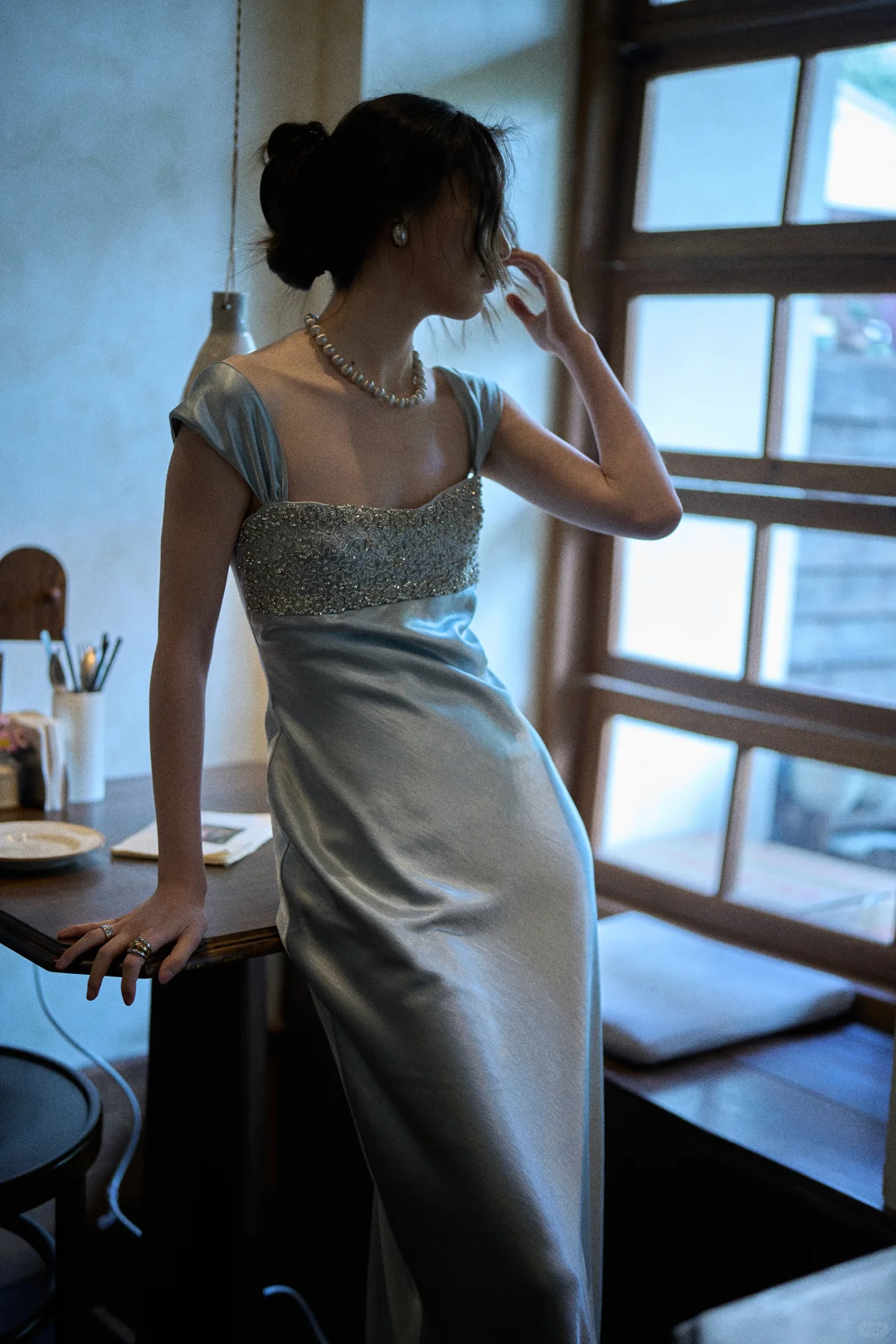 Elegant Blue A Line Straps Beaded Satin Long Prom Dress Date Dress SH4963
