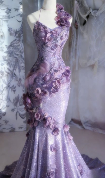 Gentle Purple Mermaid Halter Appliques Ruffle Sequin Long Prom Dress SH5427