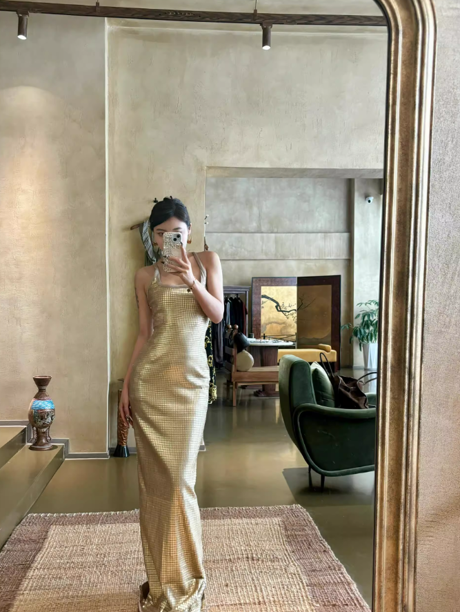 Sexy Golden Sheath Straps Satin Long Prom Dress Outfits SH4927