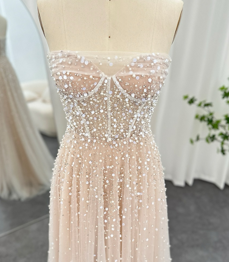 Elegant A Line Strapless Sequin Pearl Beaded Tulle Long Prom Dress Evening Dress SH1940