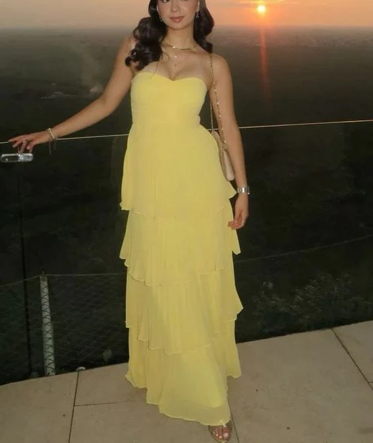 Yellow Strapless Chiffon Layered Long Prom Dress Formal Evening Dress SH1513