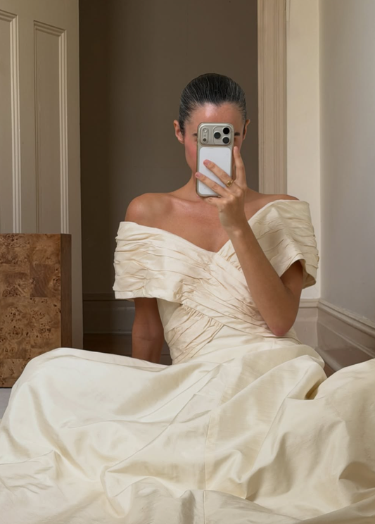 Retro A Line V Neck Light Apricot Satin Long Wedding Dress SH8480