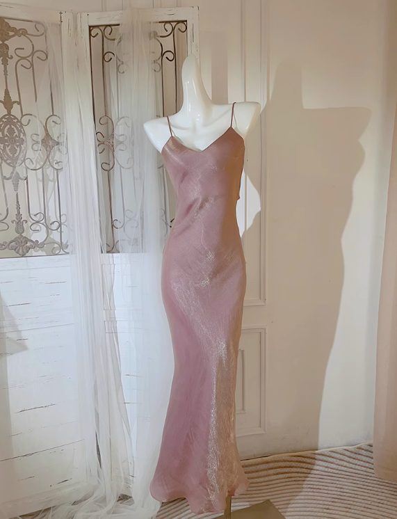 Pink Pretty Mermaid Spaghetti Strap Satin Prom Dress Evening Dress Formal Dress SH4084