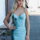 Romantic Blue Mermaid Spaghetti Strap Beaded Satin Prom Dress Evening Dress with Slit SH6597