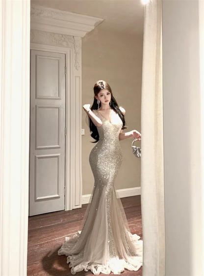 Shiny Mermaid V Neck Silver Sequin Tulle Prom Dress Evening Dress Formal Gown SH3924