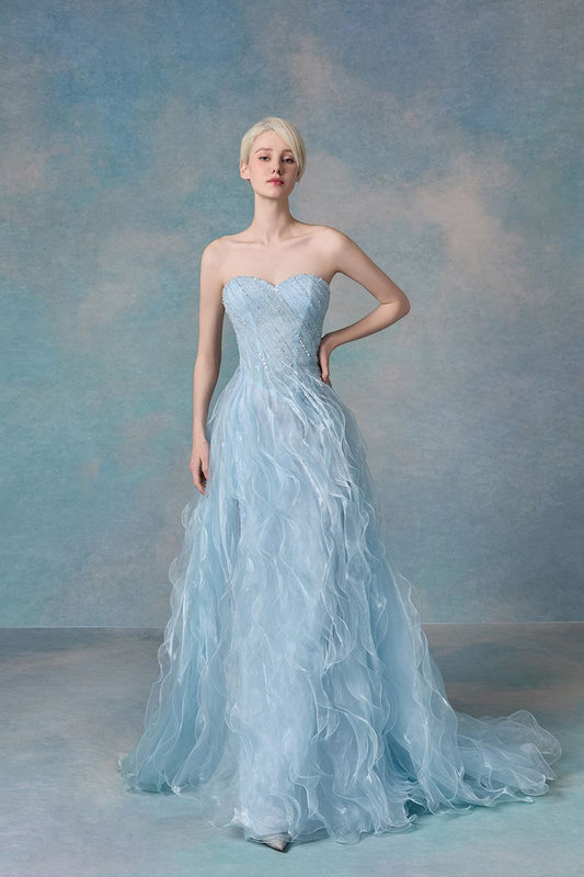 Dreamy Blue A Line Sweetheart Neck Beaded Ruffle Organza Prom Dress 16th Birthday Dress SH4201