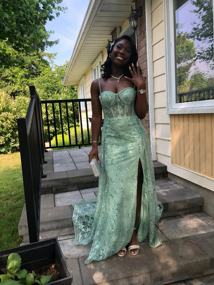 Spaghetti Strap Sequin Green With Slit Prom Dresses For Teens Formal Dress Party Outfits SH6414