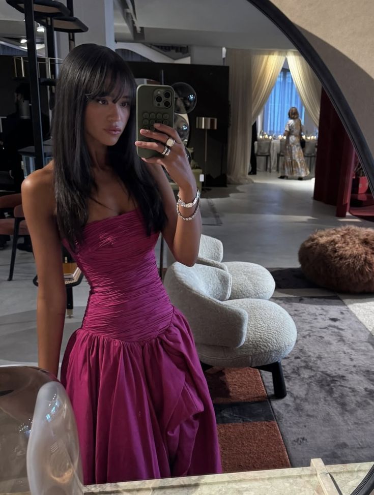 Simple Fuchsia A Line Strapless Pleated Satin Long Prom Dress Evening Dress SH8850
