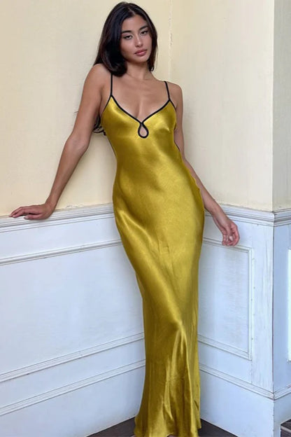 Sexy Sheath Spaghetti Strap Tan Satin Backless Long Prom Dress Evening Dress SH7195