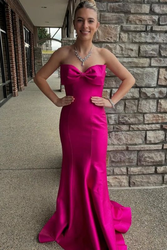 Hot Pink Mermaid Strapless Bow Satin Long Prom Dress Evening Dress SH1733