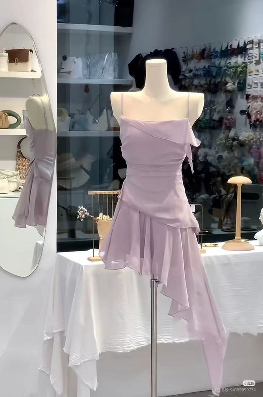 Gentle A Line Spaghetti Strap Purple Chiffon Short Homecoming Dress Cocktail Dress SH3108