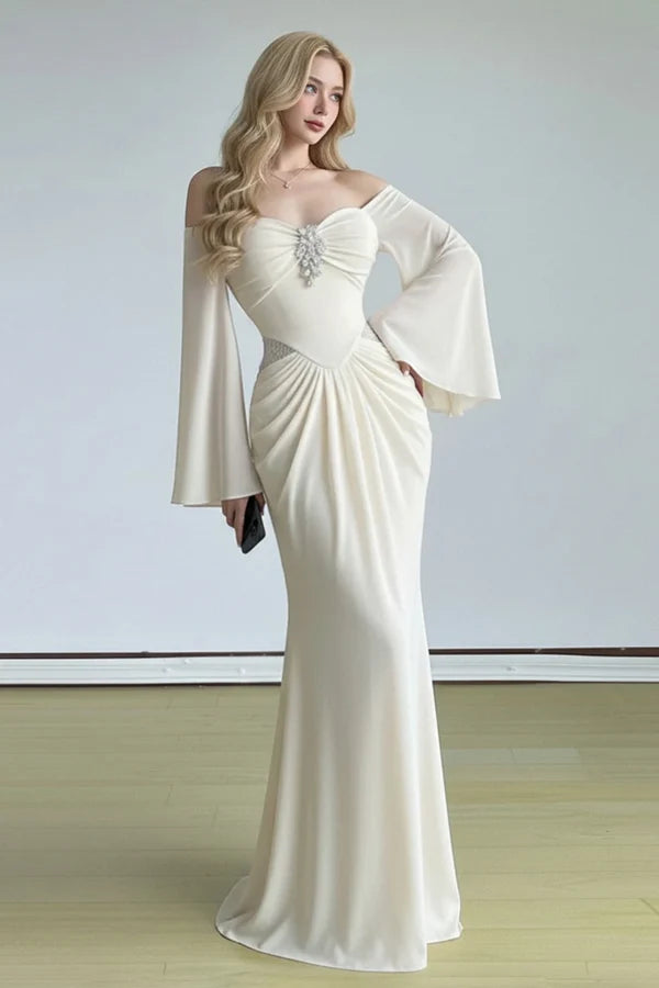 Elegant Ivory Sheath Long Sleeve Beaded Chiffon Long Prom Dress Evening Dress SH6609