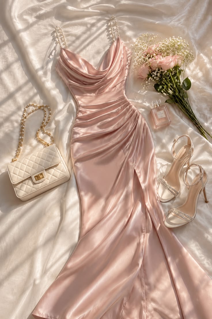 Sweety Pink Mermaid Pearl Straps Satin Slit Prom Dress Evening Dress SH6461