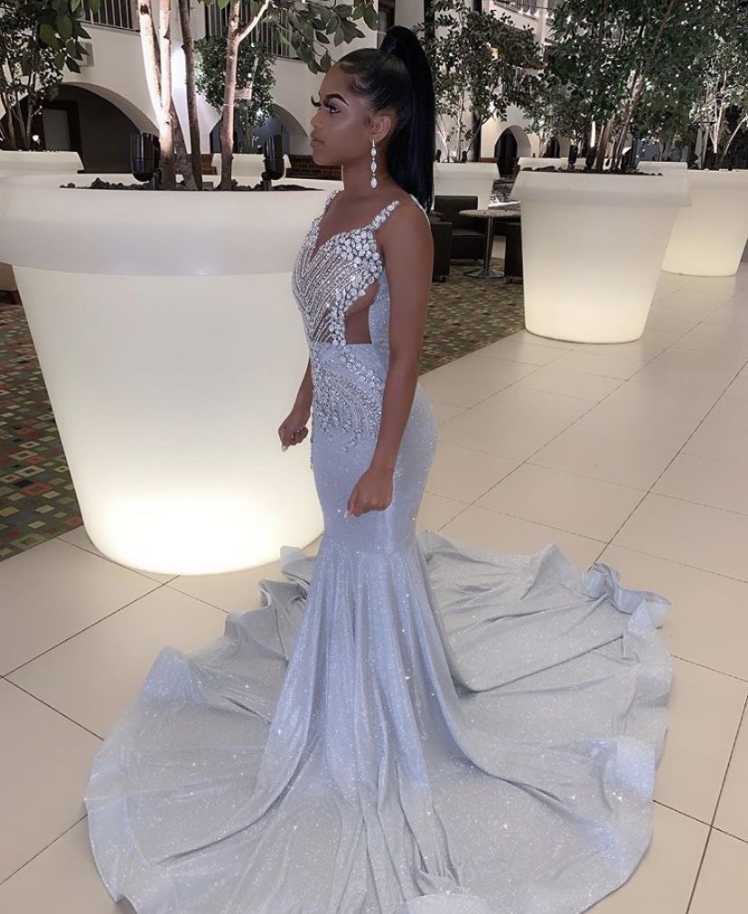 Shiny Sequins African Mermaid Prom Dresses Long Train Black Girls Pageant Graduation Dress P6796