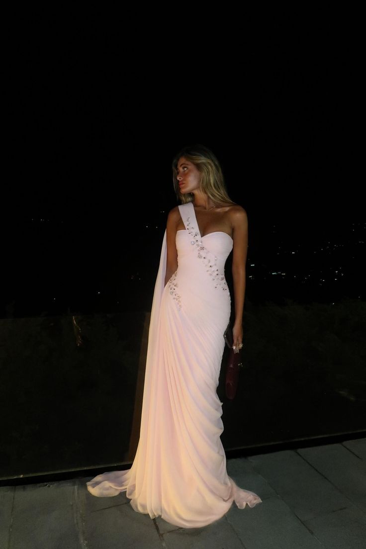 Light Pink Sheath One Shoulder Pleated Beaded Chiffon Prom Dress Wedding Guest Dress SH4699