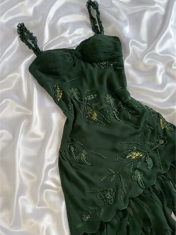Dark Green Chiffon Ruffle Prom Dress Formal Dress Homecoming Dress SH3936