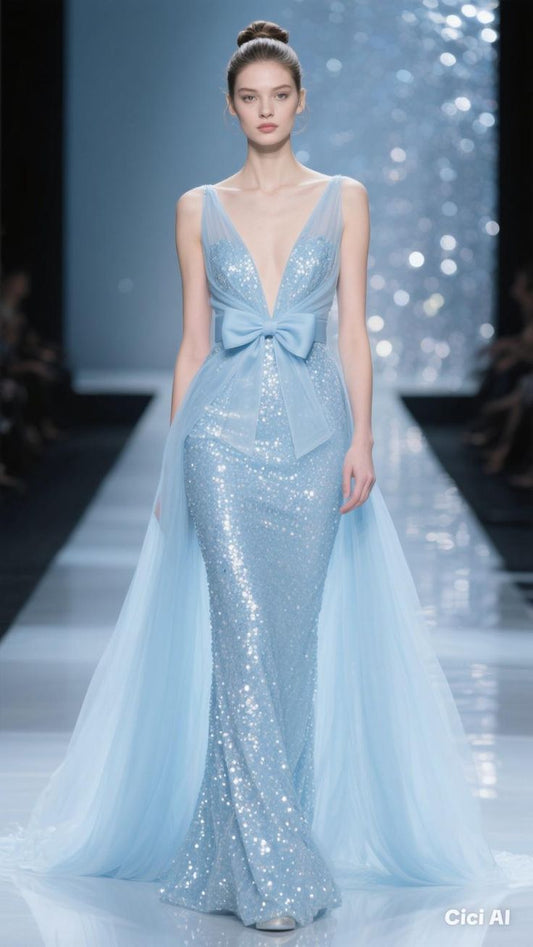 Blue Mermaid V Neck Bow Sequin Tulle Long Sweep Prom Dress Party Dress SH4256