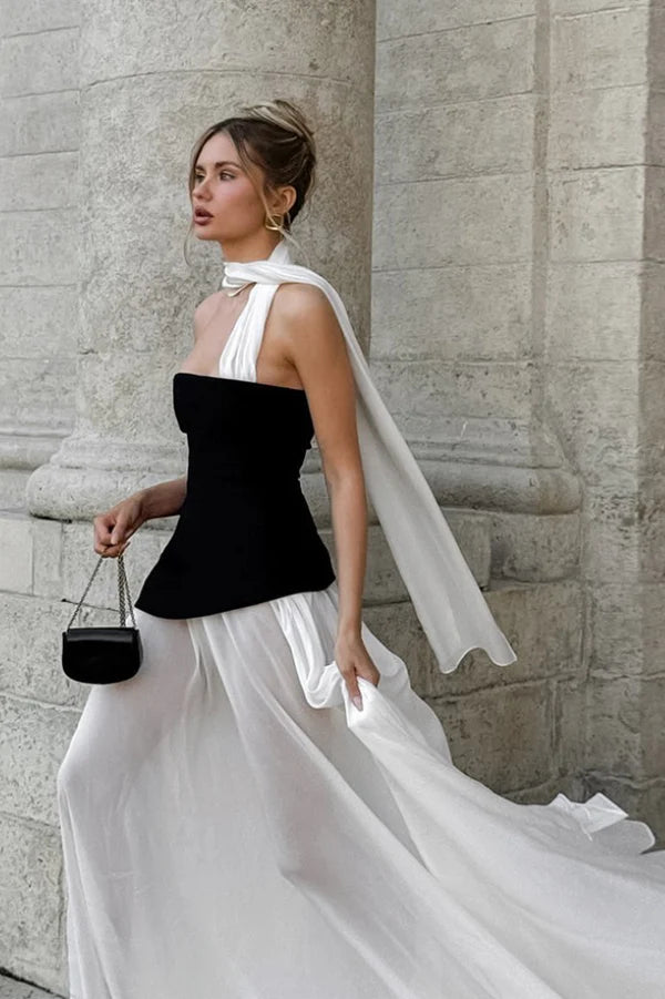 Classic Elegant A Line Strapless Black Satin White Chiffon Prom Dress Evening Dress SH5757
