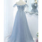 Blue A Line Off the Shoulder Pleated Tulle Prom Dress With Ruffles SH1802