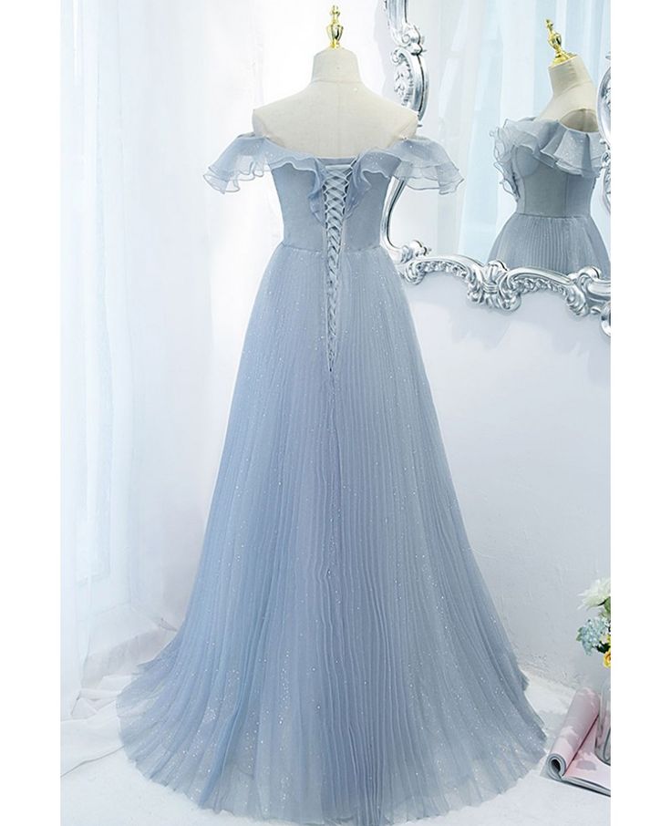 Blue A Line Off the Shoulder Pleated Tulle Prom Dress With Ruffles SH1802