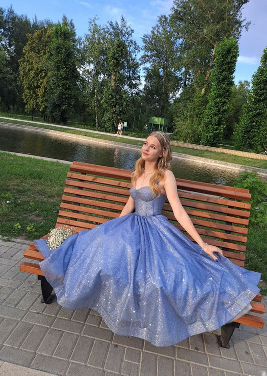Dreamy A Line Spaghetti Strap Blue Sequin Long Prom Dress Date Dress SH7024