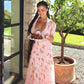 Cute A Line V Neck Print Flower Pink Lace Satin  Prom Dress Evening Dress SH2345