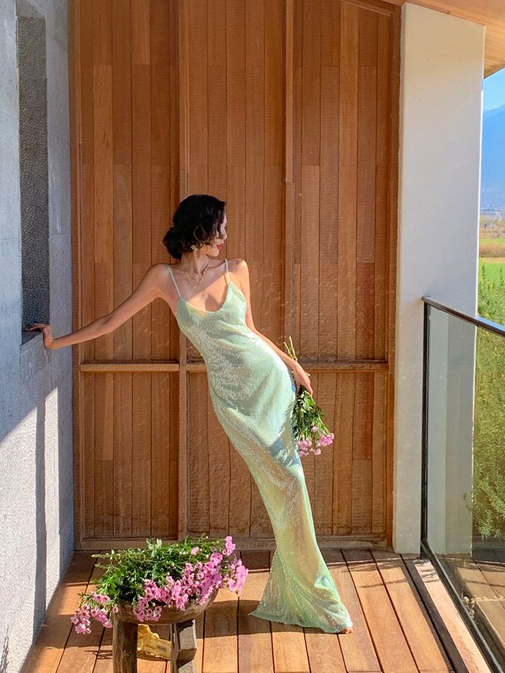 Shiny Sheath Spaghetti Strap Green Sequin Open Back Party Dress Evening Dress SH2877