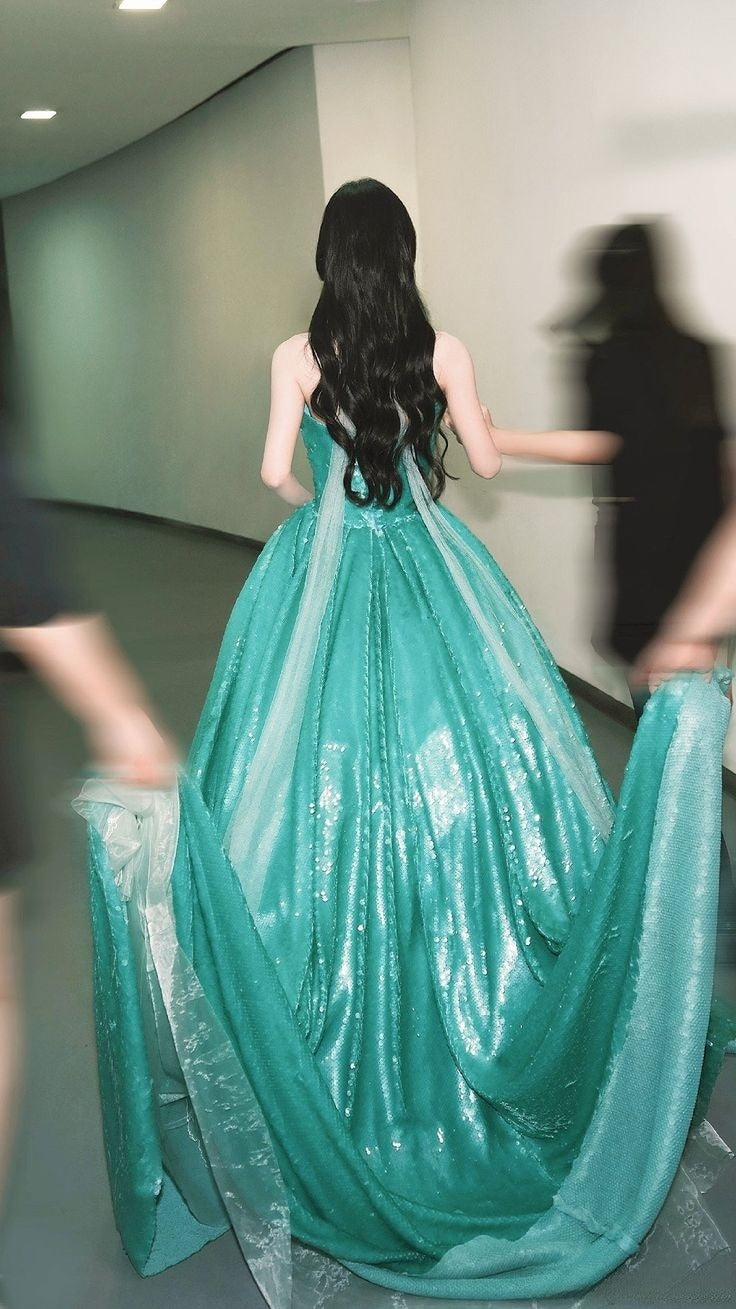 Gorgeous A Line Strapless Green Sequin Long Sweep Party Dress Evening Dress SH2879