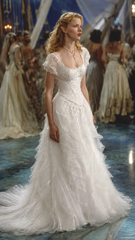 Princess Beautiful Ball Gown Beaded White Ruffle Chiffon Long Prom Dress Wedding Dress SH6680