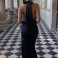 Hot Sheath Halter Neck Navy Blue Satin Long Party Dress with Open Back SH7770