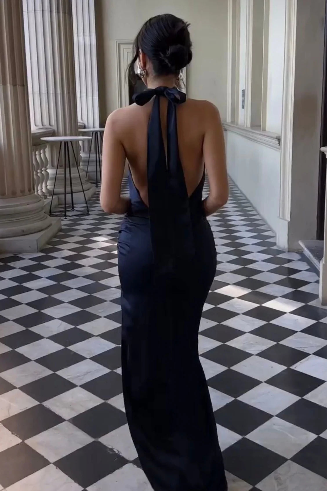Hot Sheath Halter Neck Navy Blue Satin Long Party Dress with Open Back SH7770
