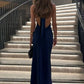 Hot Sheath Halter Neck Navy Blue Satin Long Party Dress with Open Back SH7770