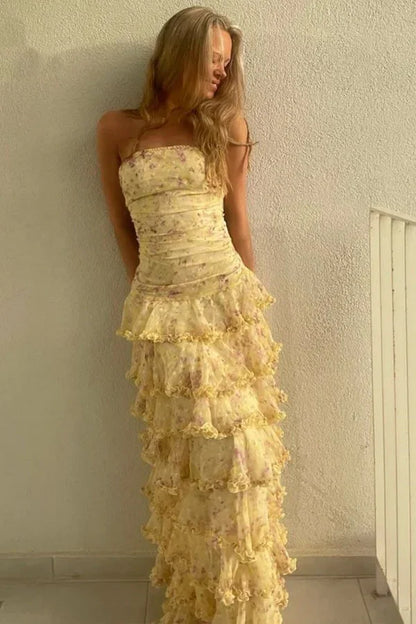 Glamorous Sleeveless Strapless Yellow Print Floral Chiffon Long Prom Dress with Ruffles SH5462