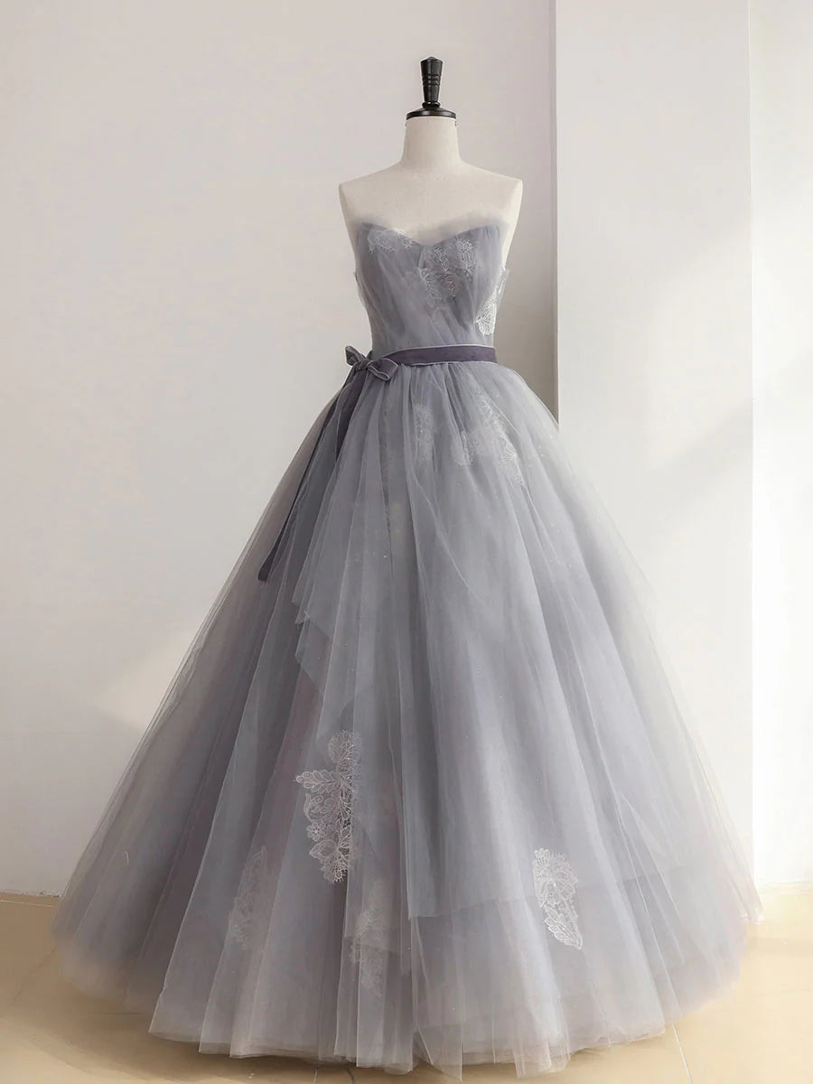 A Line Strapless Appliques Gray Tulle Long Prom Dress Evening Dress SH1611