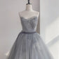 A Line Strapless Appliques Gray Tulle Long Prom Dress Evening Dress SH1611