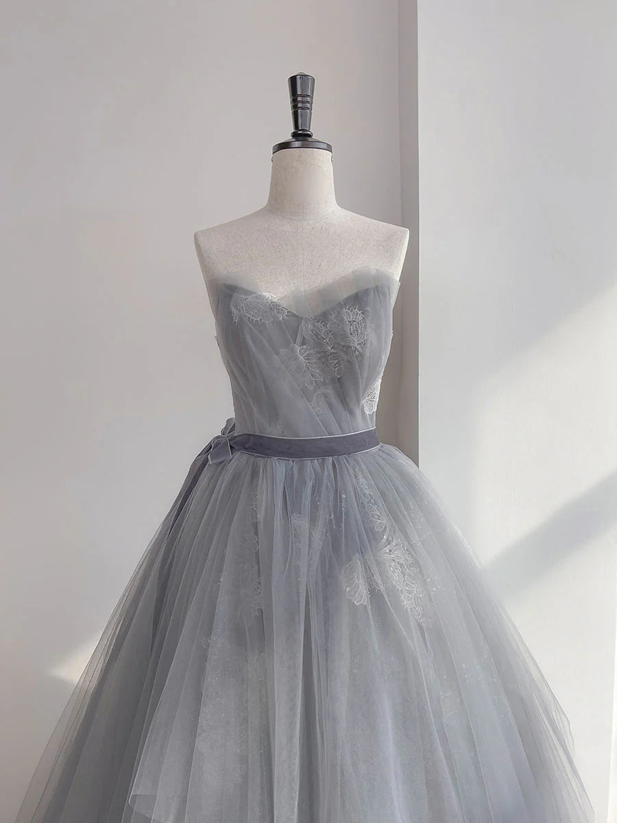 A Line Strapless Appliques Gray Tulle Long Prom Dress Evening Dress SH1611