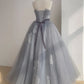 A Line Strapless Appliques Gray Tulle Long Prom Dress Evening Dress SH1611