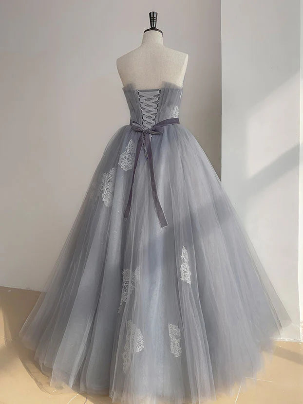 A Line Strapless Appliques Gray Tulle Long Prom Dress Evening Dress SH1611